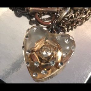 Betsey Johnson lucite puffy crystal heart gold rose charm chain bracelet vintage